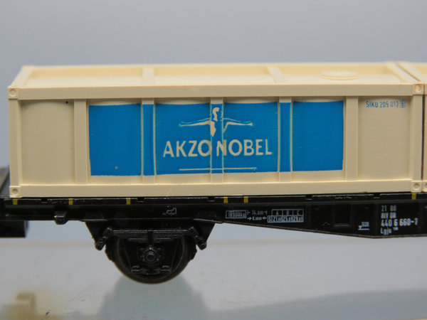 Minitrix 13973 – Container-Tragwagen Flüssigkeits-Container  ´SIKKENS´ ´AKZO NOBEL´ Sondermodell